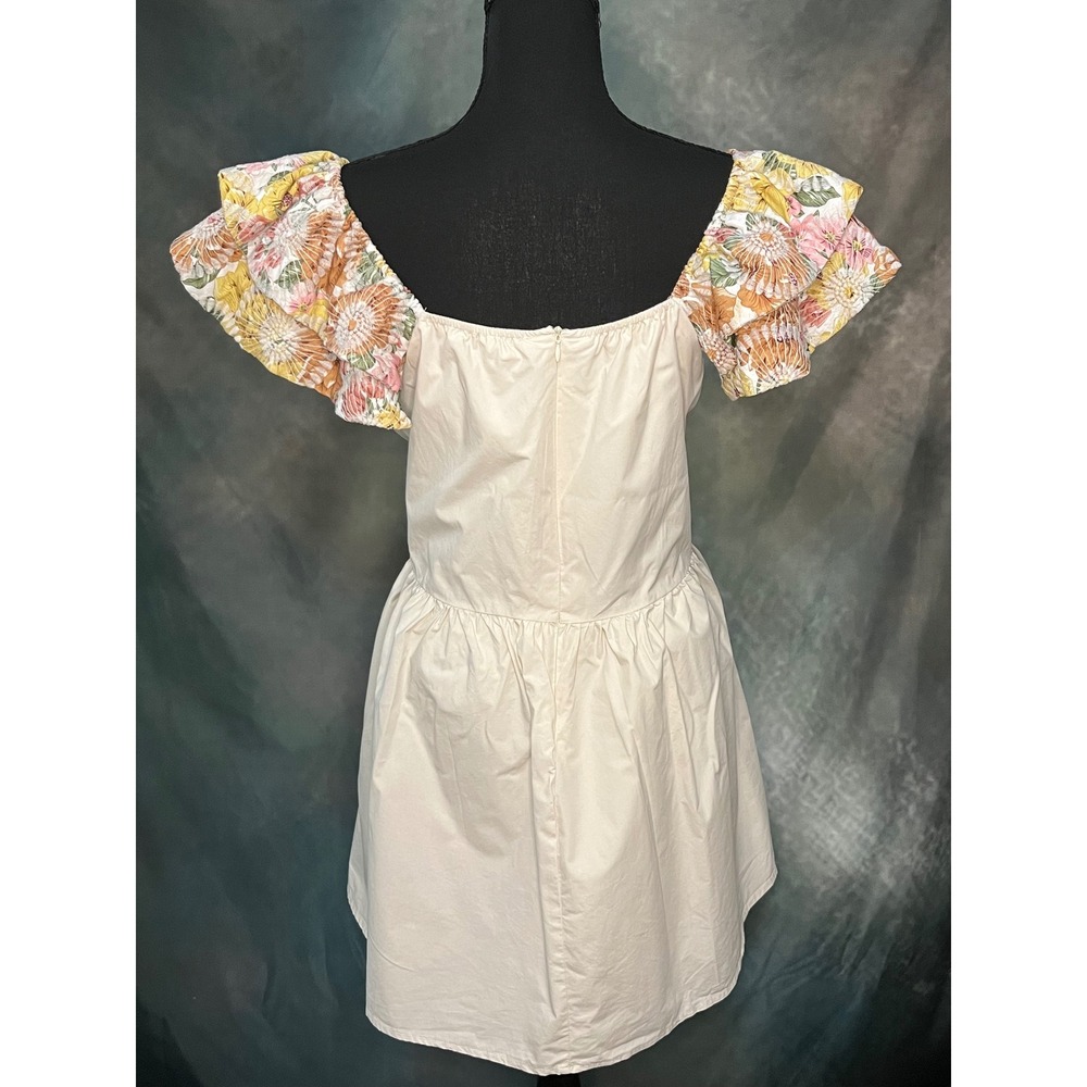 BiBi Floral Ruffle‎ Sleeve Mini Dress, Square Neck Sleeveless A-Line Tan Size Lg - Picture 4 of 10